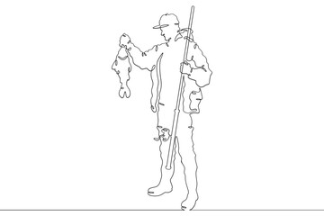 a fisherman with a caught fish. Fisherman with a spinning rod. Linear . One continuous line isolated minimalist illustration. Not AI.