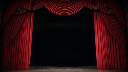 A grand theatrical stage is revealed as luxurious, ornate red velvet curtains gracefully open, exposing a wide, dark, and empty performance area. The rich fabric, meticulously draped and gathered, fra - Powered by Adobe