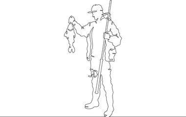 a fisherman with a caught fish. Fisherman with a spinning rod. Linear . One continuous line isolated minimalist illustration. Not AI.