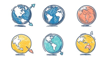 Earth Globes Doodles Planet Character Illustrations