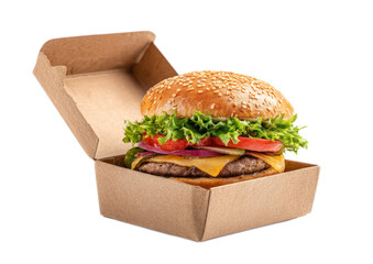 Fresh Cheeseburger with Lettuce Tomato Onion and Cheese in Brown Cardboard Box