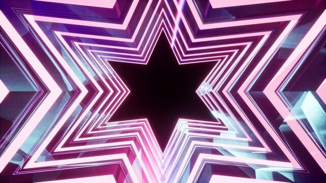 4K seamless video of a retro tunnel shaped like a star, illuminated by bright neon pink and purple lines. motion background for music, awards, dance, party, and victory themes