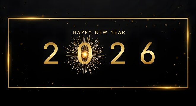 Minimal black and gold Happy New Year 2026. sleek rectangular frame with tiny glints, explodes as a sunburst firework. refined luxury holiday banner with ample negative space.