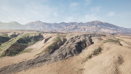 Vast desert stretches towards distant mountains under a clear sky. Rolling hills are adorned with patches of greenery, creating a striking contrast with the sandy terrain.