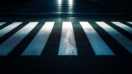 Car headlights illuminating crisp stripes, zebra crossing caution, night awareness