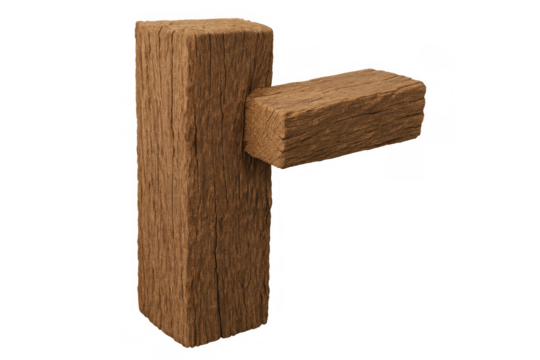 Wooden beam creating a joint with another timber post. Structure element for modern and traditional construction, carpentry, building