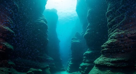 Underwater Canyon with Sunbeams Piercing Through Turquoise Water.