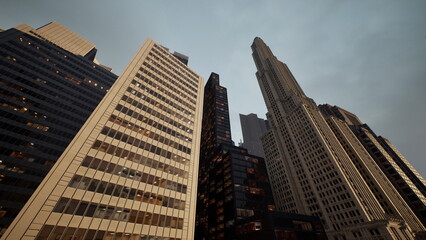 Tall skyscrapers rise toward the cloudy sky, casting shadows across the urban street. Windows glow with life as evening sets in, creating a vibrant city atmosphere filled with activity.