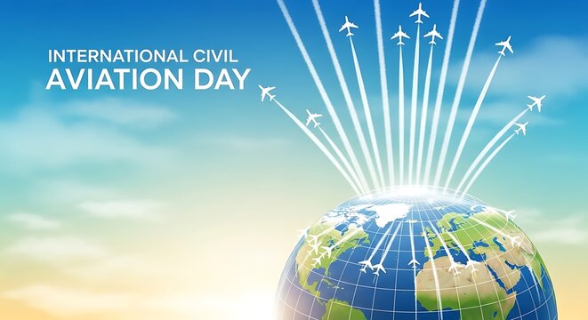 International civil aviation day banner design with airplanes flying around the earth globe vector image