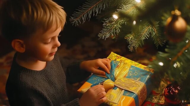 Excited child unwraps a colorful Christmas gift by the glowing tree