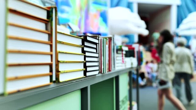 Books on display at book fair, people walking in blurred background