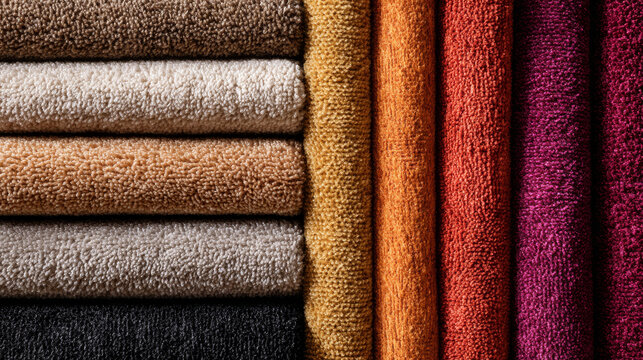 "Furniture textiles for home interiors, featuring soft upholstery fabric samples. A close-up view of a catalog showcasing a cozy collection of velour and boucl&eacute; fabrics for furniture."