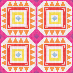 seamless geometric pattern, A vibrant geometric pattern featuring layered squares with orange&ndash;red saw-tooth edges on a pink background, centered with a blue&ndash;yellow diamond, creating a lively, bright