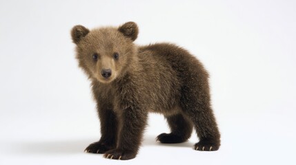 Brown Bear Cub Lying Calmly on White Background Close-Up