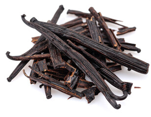 Vanilla beans aromatic spice dried on white surface