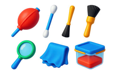 Collection of various items, including a magnifying glass, a brush