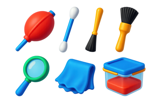 Collection of various items, including a magnifying glass, a brush