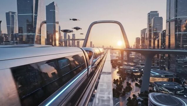 national science fiction day futuristic cityscape with high speed train and flying vehicles