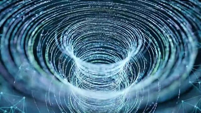 A mesmerizing abstract digital vortex composed of countless glowing blue and white lines, swirling and narrowing into a central point. This dynamic technological background, reminiscent of intricate d