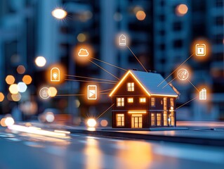 A model house is illuminated with glowing orange lines connecting to various smart home icons, set against a blurred nighttime cityscape.