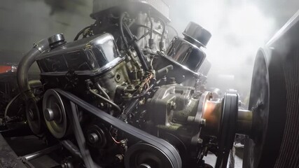 Close up of a high performance engine with belts pulleys and chrome parts