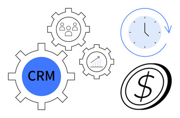 Gear system with CRM, team, graph icons and money coin, clock. Ideal for productivity, collaboration, business growth, cost efficiency CRM time tracking strategic planning. Simple flat metaphor