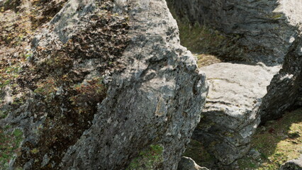 Close up view of large grey rocks showcasing intricate textures and patterns. The boulders are covered in patches of vibrant green moss, emphasizing the connection between stone and nature.