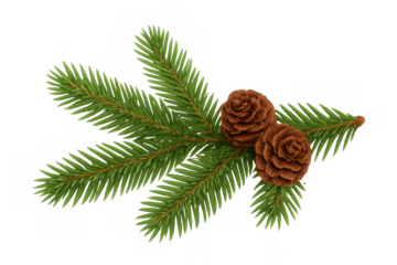 Fir tree branch with two pine cones, creating a natural christmas and holiday decoration, transparent background