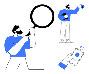 Man holding magnifying glass, hand verifying on smartphone, man holding coin. Ideal for search, insight, validation, technology, finance problem-solving decisions. Minimalist flat metaphor