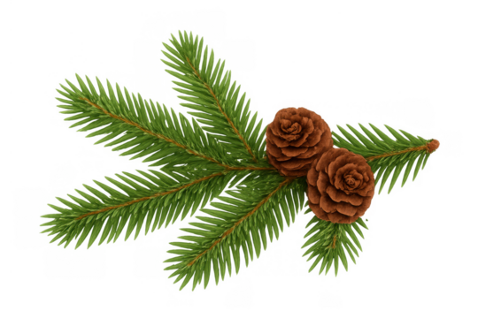 Fir tree branch with two pine cones, creating a natural christmas and holiday decoration, transparent background