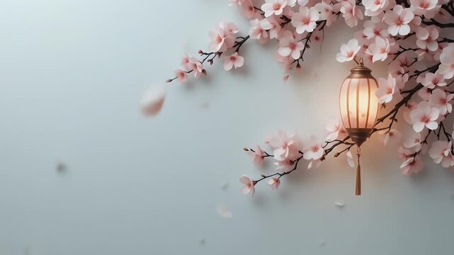 Gentle cherry blossoms gently falling and illuminated paper lantern creating a serene mood
