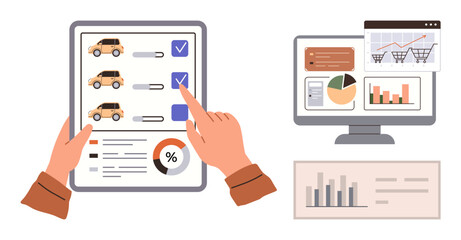 Hands reviewing car purchase options on a checklist sheet, accompanied by computer screen showing data charts. Ideal for e-commerce, decision-making, analytics, statistics, market research