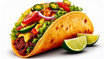 Delicious taco with beef, cheese, lettuce, jalapenos, lime and other colorful toppings serve.jpg