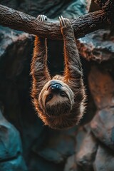 Fototapeta premium A sloth hanging upside down from a tree branch, completely relaxed