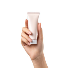 Hand Holding Empty Pink Cosmetic Tube on White Background
