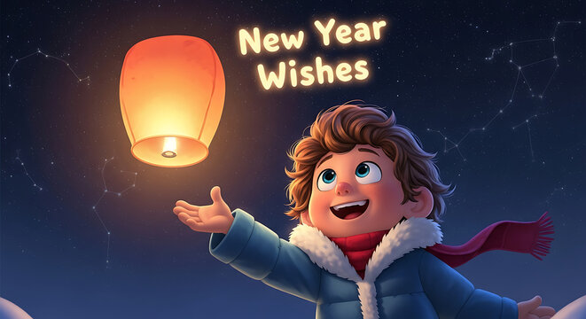 Boy releasing sky lantern for new year wishes, new year event