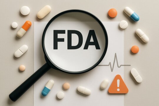 FDA Food and Drug Administration concept with magnifying glass and pills, medical theme, suitable for background