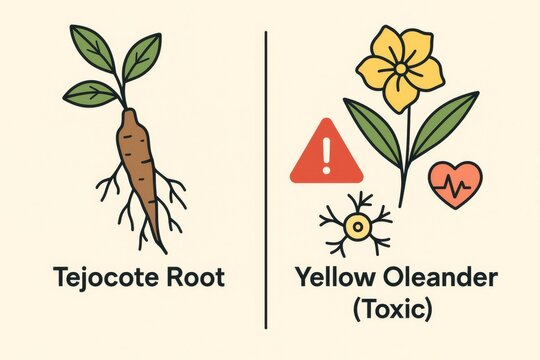 Tejocote root and yellow oleander illustration highlighting toxic components
