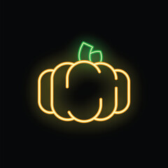 Bright glowing neon icon of a pumpkin with a green stem