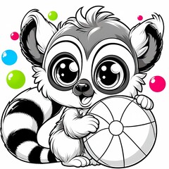 Cute lemur playing with a ball, simple black and white preschool coloring page