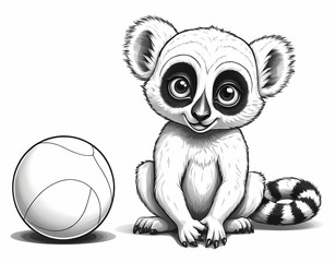 Cute lemur playing with a ball, simple black and white preschool coloring page