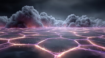 Dynamic network grid glows with vibrant energy beneath dramatic storm clouds, symbolizing futuristic connectivity and innovation