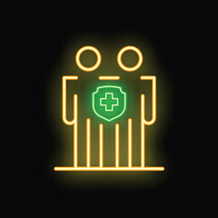 Neon glowing icon of a healthcare protection shield shared by two people