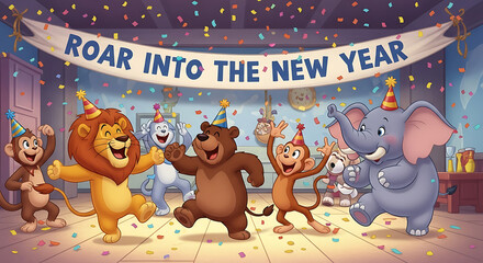 Animals celebrate the new year with confetti, new year event