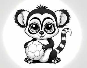 Cute lemur playing with a ball, simple black and white preschool coloring page