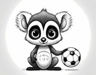 Cute lemur playing with a ball, simple black and white preschool coloring page