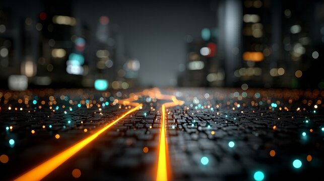 Dynamic digital network streams through glowing abstract cityscape, symbolizing future technology and data flow.