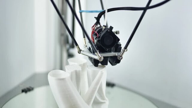 3D printer nozzle creating a white prototype object on a build plate