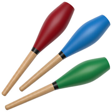 Trois massues de jonglage aux t&ecirc;tes rouge, bleue et verte avec manches en bois naturel sur fond transparent