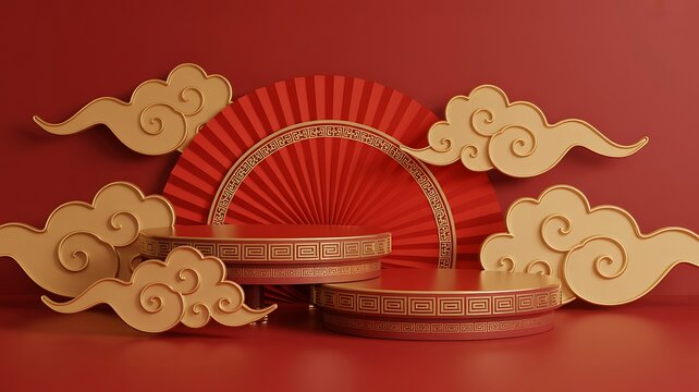 Chinese New Year festive podium display background with red fan decorations